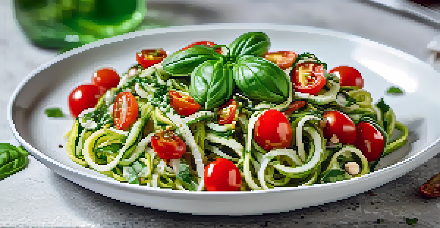 A zucchini noodle salad with tomatoes and basil on a white plate, illuminated softly.