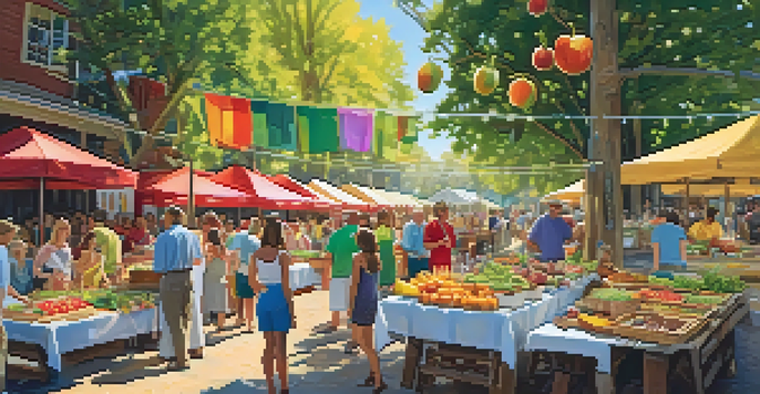 A bustling culinary festival with colorful displays of raw food dishes and attendees sampling fresh fruits and vegetables under sunlight.