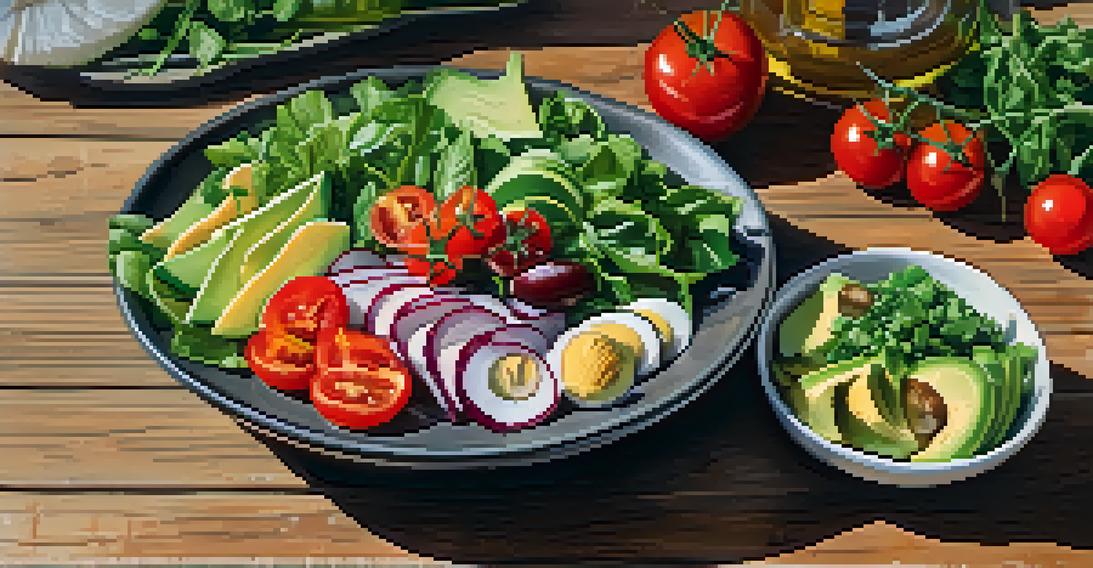A raw vegan salad beautifully arranged on a rustic wooden table, showcasing a variety of fresh ingredients.