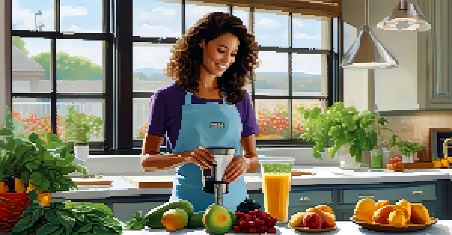 A woman blending fresh fruits for a raw smoothie in a bright kitchen with herbs and fruits on the countertop.