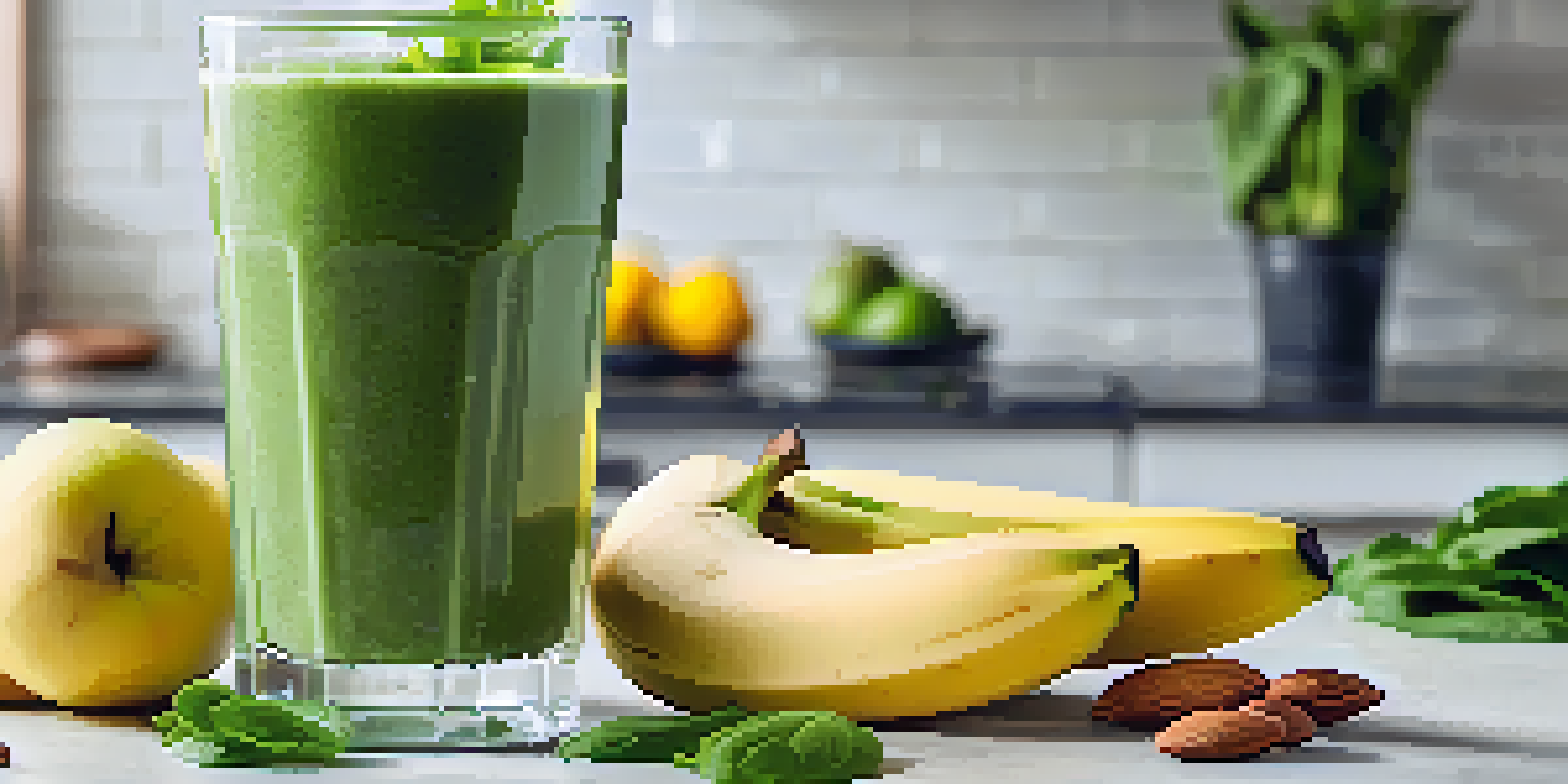 A clear glass filled with a green smoothie made from spinach and banana, topped with chia seeds, surrounded by whole fruits on a sunny kitchen countertop.