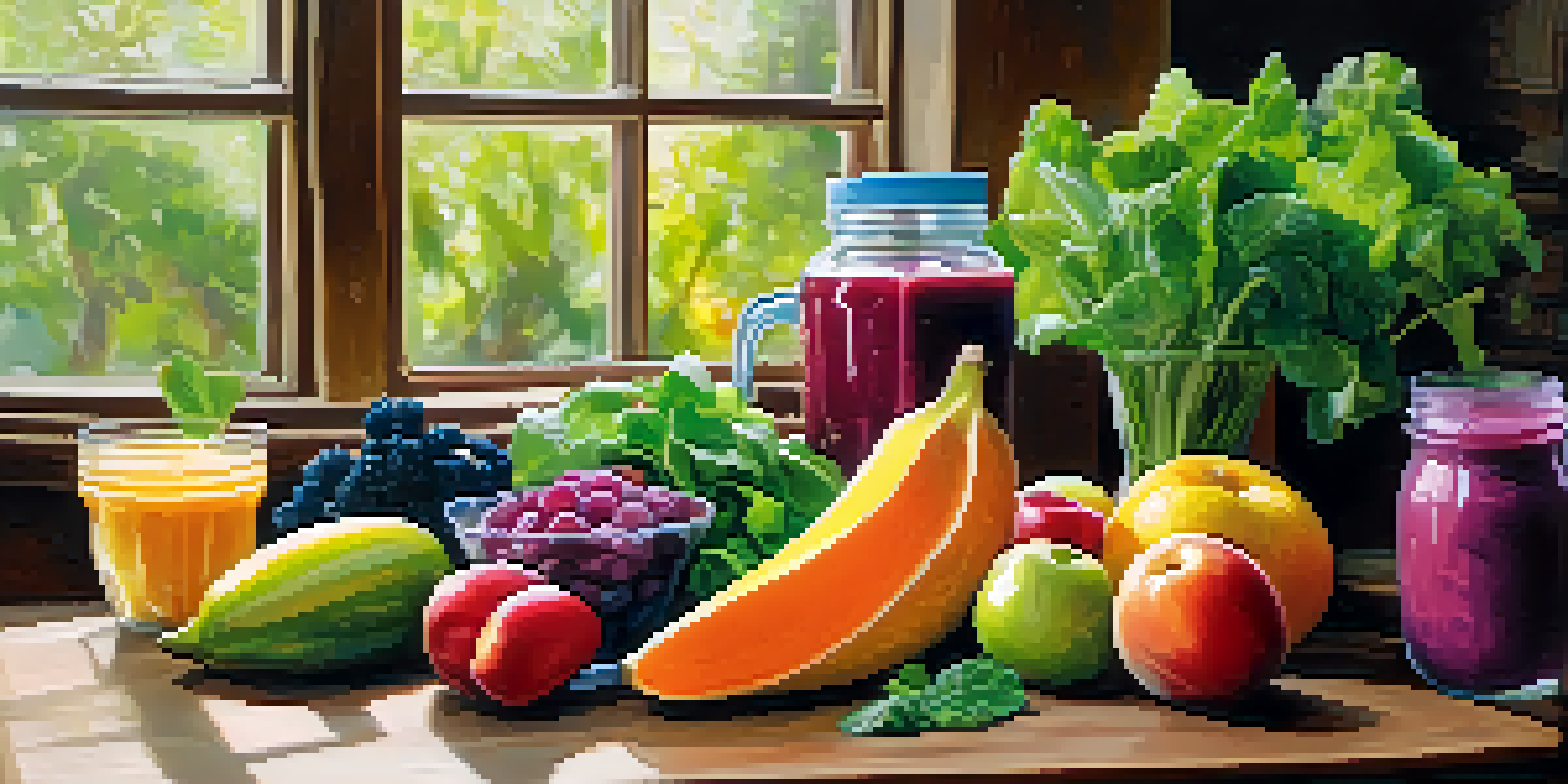 A colorful spread of fresh fruits and vegetables arranged on a wooden table, with a smoothie jar and salad bowl, lit by soft natural light.