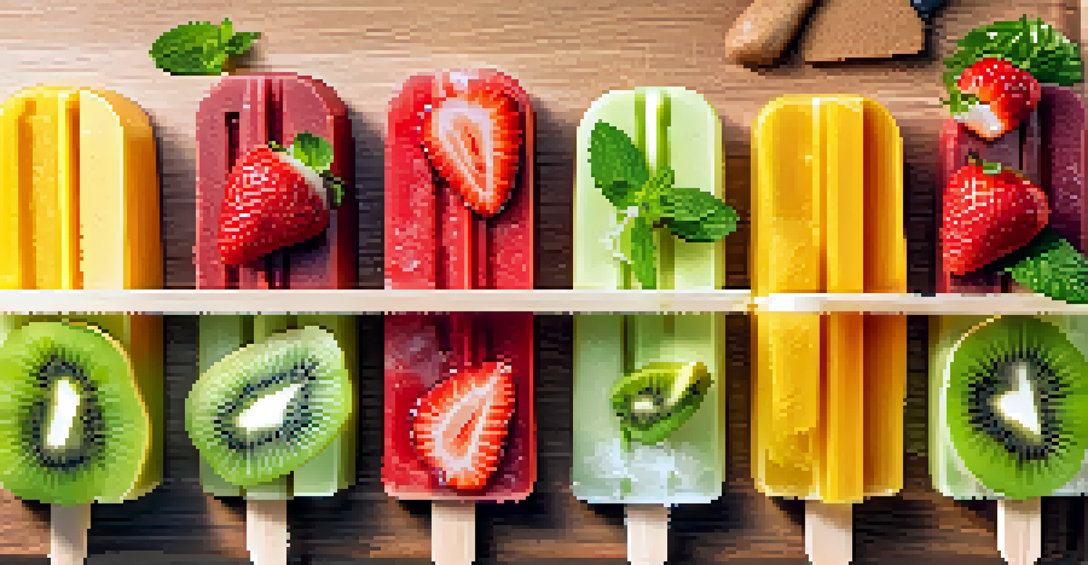 Colorful homemade fruit popsicles on a wooden board, garnished with mint leaves, glistening in the sunlight.
