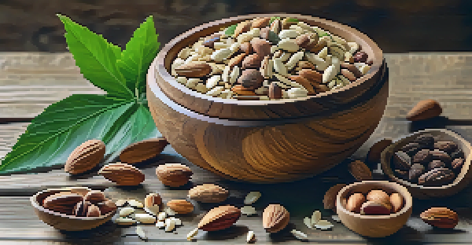 A wooden bowl filled with a variety of raw nuts and seeds, including almonds, walnuts, chia seeds, and hemp seeds, with soft natural lighting and green leaves around.