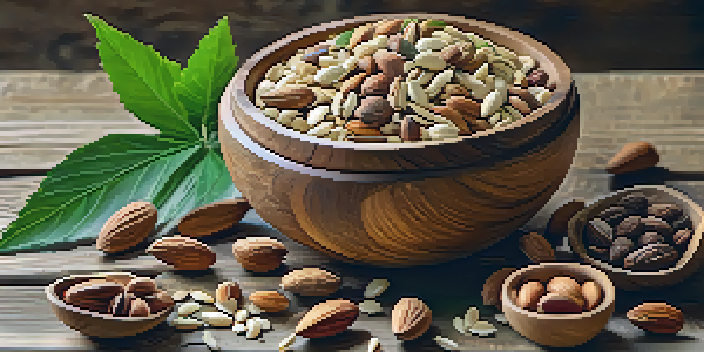 A wooden bowl filled with a variety of raw nuts and seeds, including almonds, walnuts, chia seeds, and hemp seeds, with soft natural lighting and green leaves around.