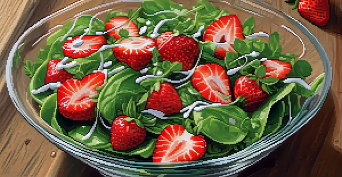 A colorful salad with strawberries, arugula, and avocado in a clear bowl, garnished with mint and balsamic glaze.