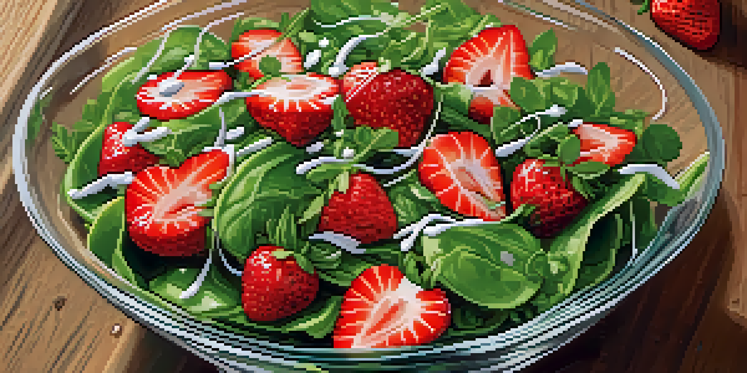 A colorful salad with strawberries, arugula, and avocado in a clear bowl, garnished with mint and balsamic glaze.
