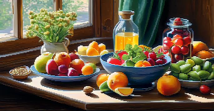 A colorful plate of raw fruits, vegetables, and nuts on a wooden table, illuminated by soft sunlight, with wildflowers in the background.