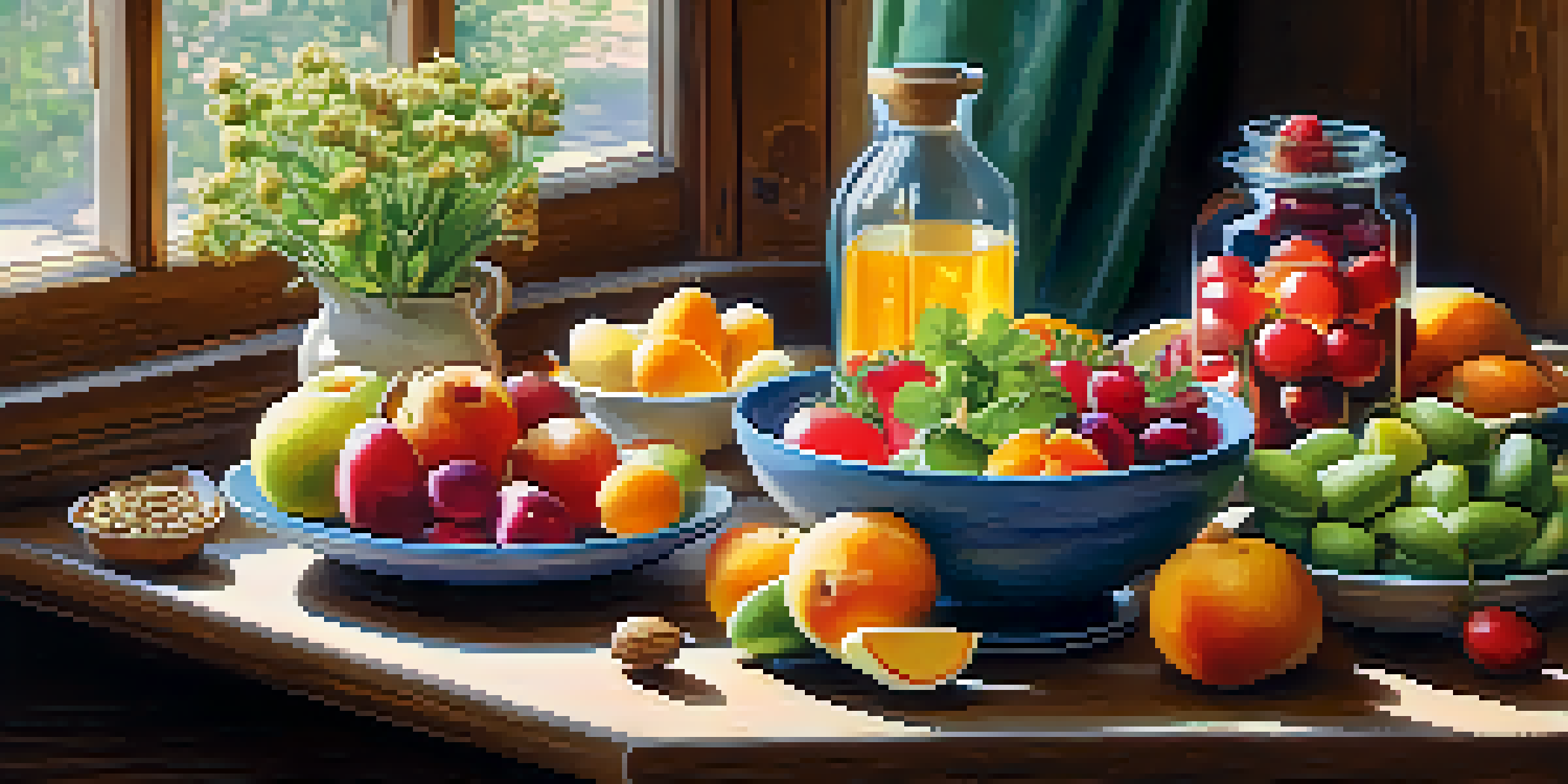A colorful plate of raw fruits, vegetables, and nuts on a wooden table, illuminated by soft sunlight, with wildflowers in the background.
