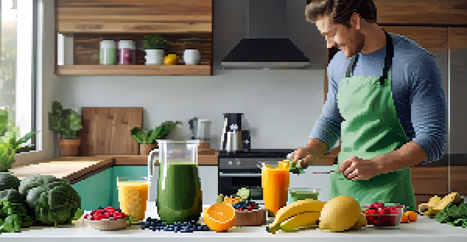 A close-up of a person making a smoothie with fresh fruits and vegetables in a modern kitchen.