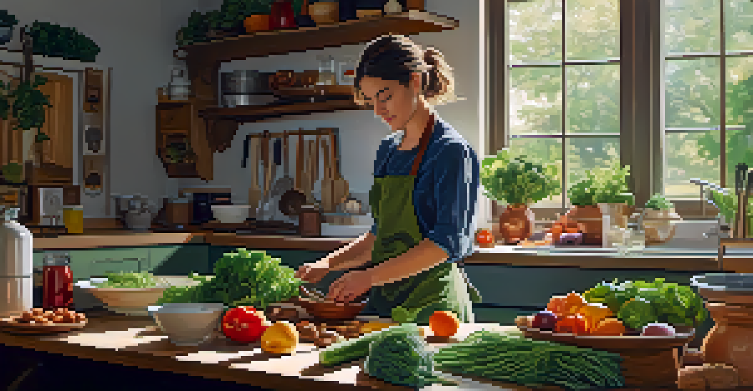 A person chopping fresh vegetables in a cozy kitchen, with various raw food ingredients like leafy greens, nuts, and fruits on the counter, illuminated by warm lighting.