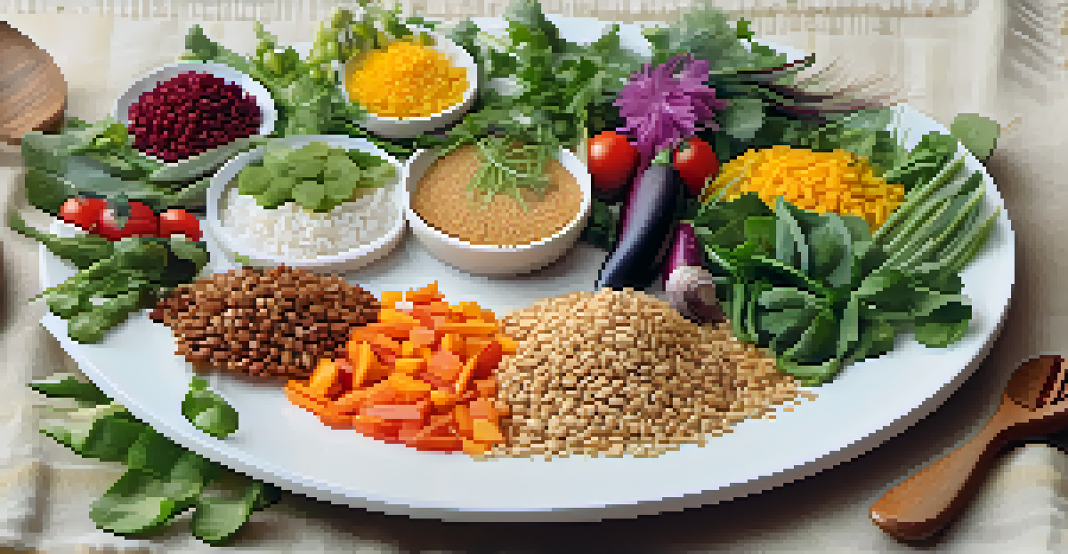 A plate of traditional raw food dishes arranged artistically, featuring sprouted grains, greens, and colorful vegetables with a natural backdrop.