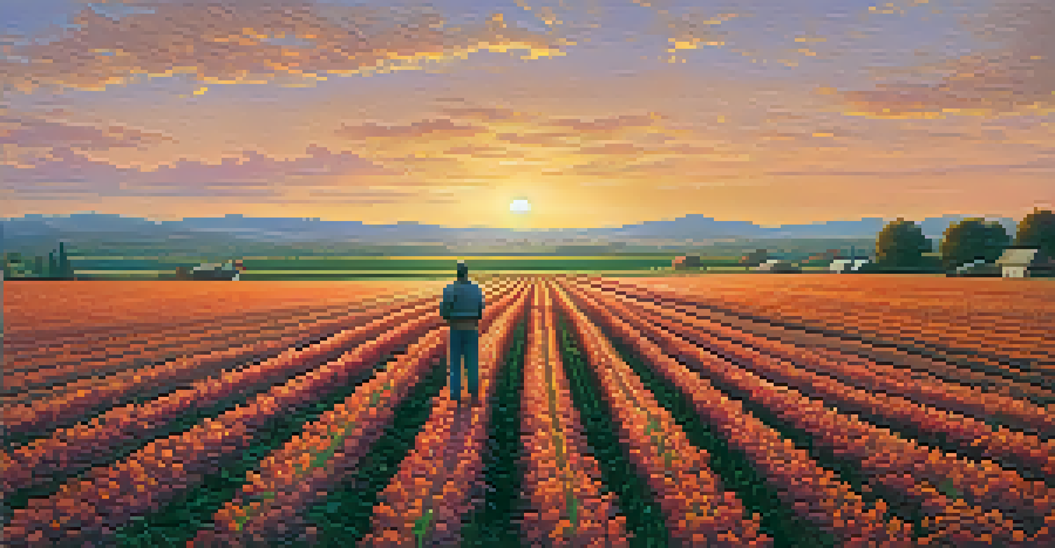 A picturesque organic farm landscape at sunrise with a farmer tending to the crops.