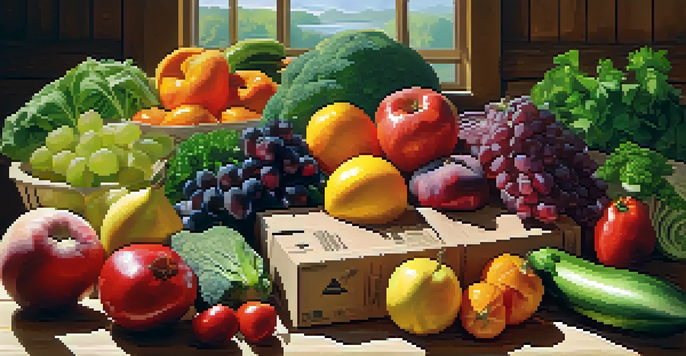 A colorful assortment of fresh fruits and vegetables packaged in eco-friendly materials, displayed on a wooden table with natural sunlight illuminating the scene.