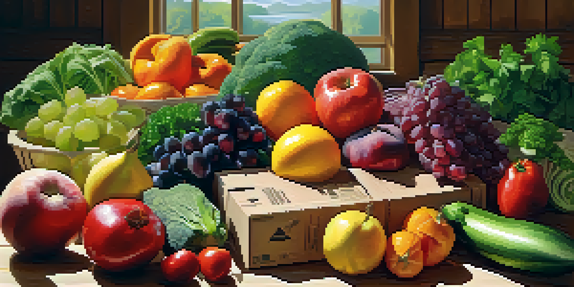 A colorful assortment of fresh fruits and vegetables packaged in eco-friendly materials, displayed on a wooden table with natural sunlight illuminating the scene.