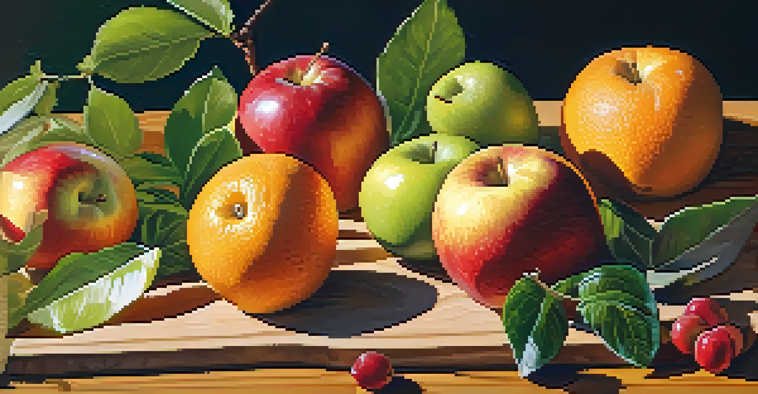 A beautiful arrangement of seasonal raw fruits on a wooden board, with apples, oranges, and berries under warm sunlight.