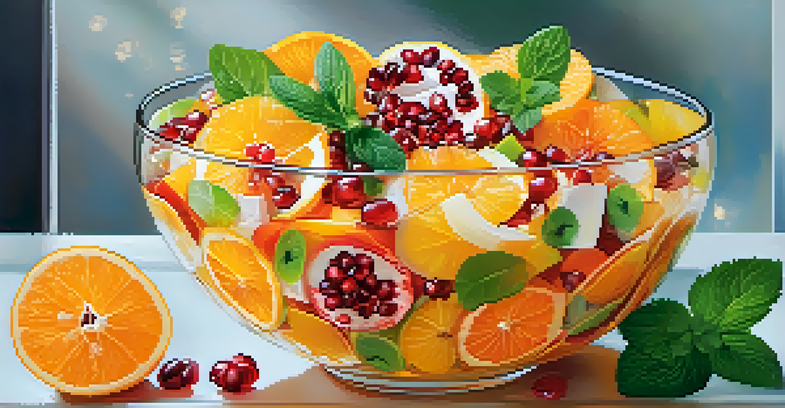 A clear glass bowl filled with a winter fruit salad of oranges and grapefruits, topped with pomegranate seeds and mint leaves.