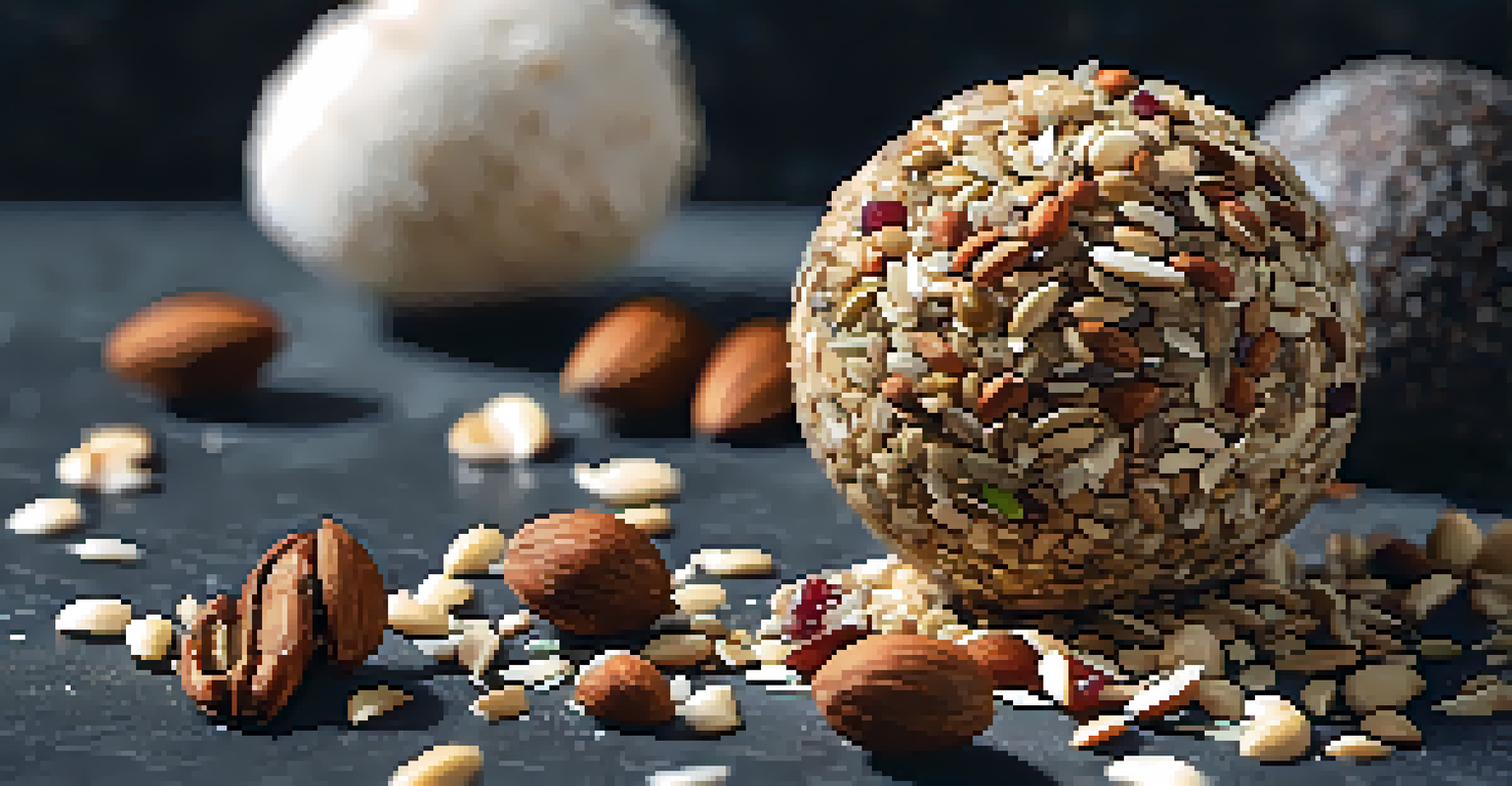 A close-up of a raw energy ball made from nuts and seeds, placed on a slate surface with scattered dried fruits.