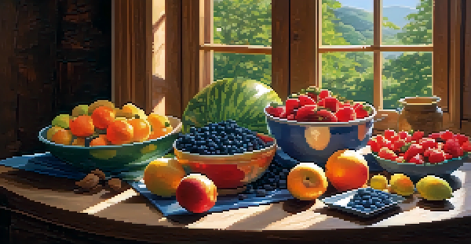 A colorful display of raw fruits and vegetables on a wooden table, with sunlight illuminating the scene.