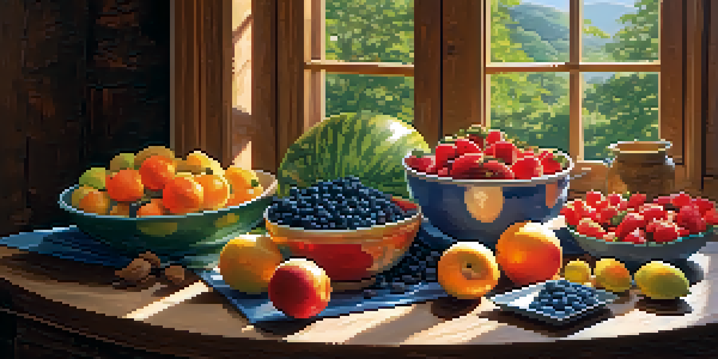 A colorful display of raw fruits and vegetables on a wooden table, with sunlight illuminating the scene.