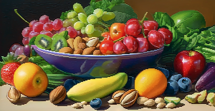 A colorful plate filled with fresh raw fruits, vegetables, nuts, and seeds arranged artistically.
