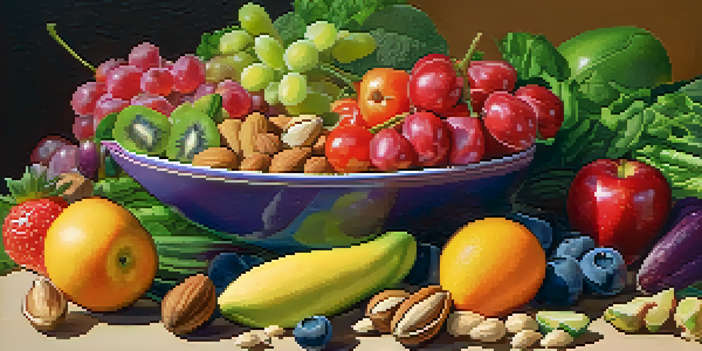 A colorful plate filled with fresh raw fruits, vegetables, nuts, and seeds arranged artistically.