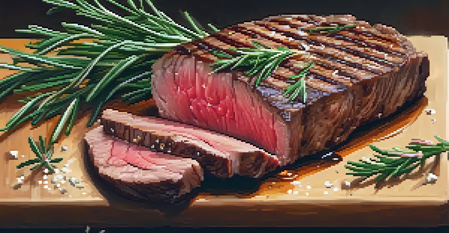 A perfectly cooked sous-vide steak on a wooden cutting board with herbs and garlic.