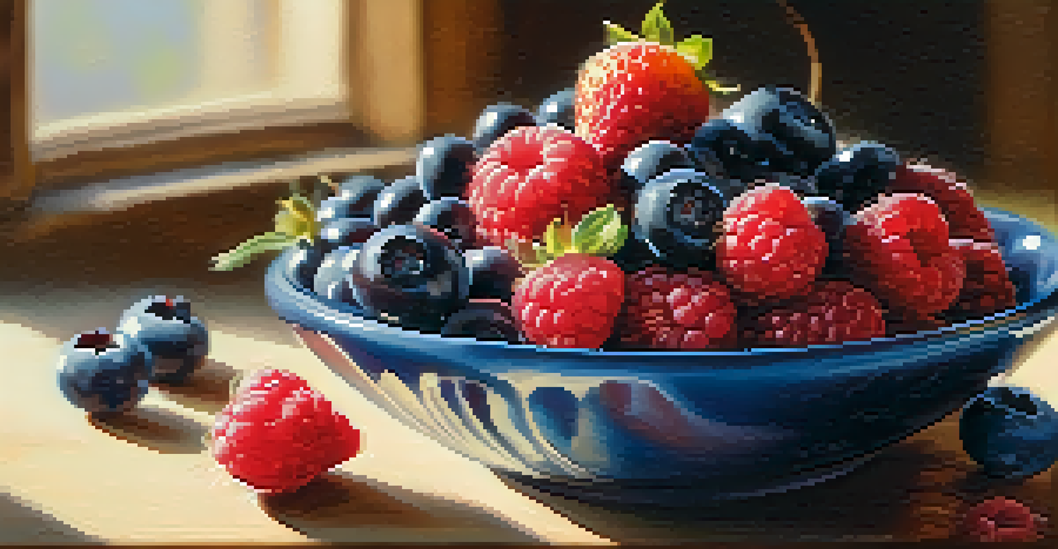 A close-up of mixed berries in a rustic bowl, showcasing their vibrant colors and textures, placed in a softly lit kitchen.