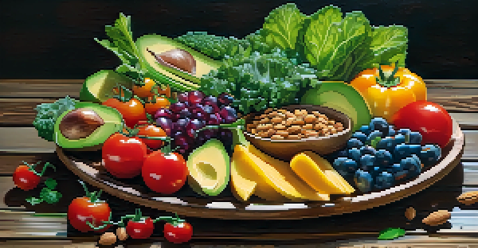 A beautifully arranged plate of raw food with colorful vegetables and fruits, highlighting the freshness and variety of ingredients.