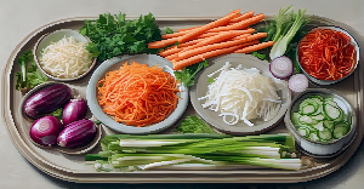 A platter showcasing various fermented foods like kimchi and sauerkraut, accompanied by raw veggie sticks, set against a neutral background.