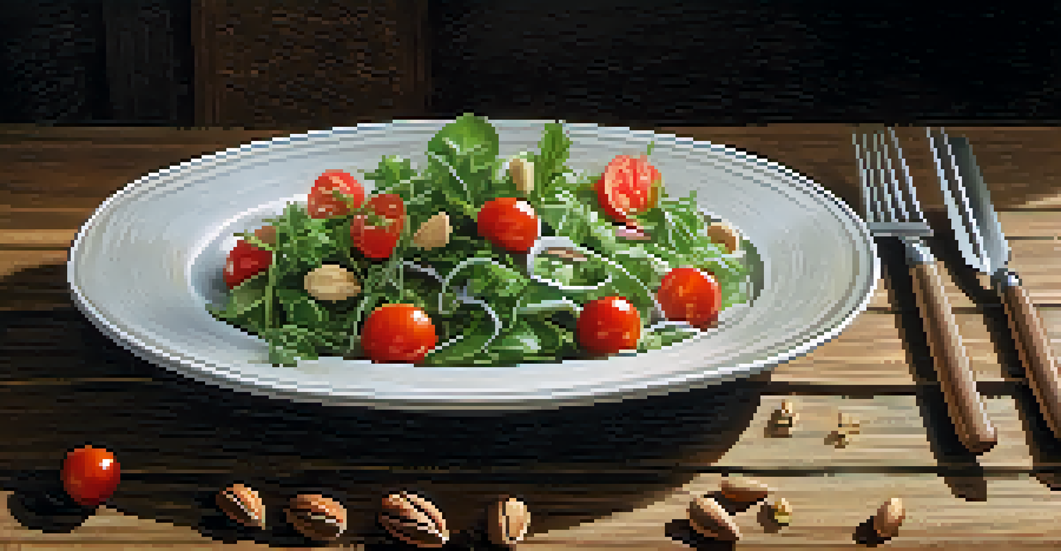 A colorful raw jute leaf salad with fresh tomatoes and nuts, beautifully presented on a rustic wooden table with natural light highlighting the textures.
