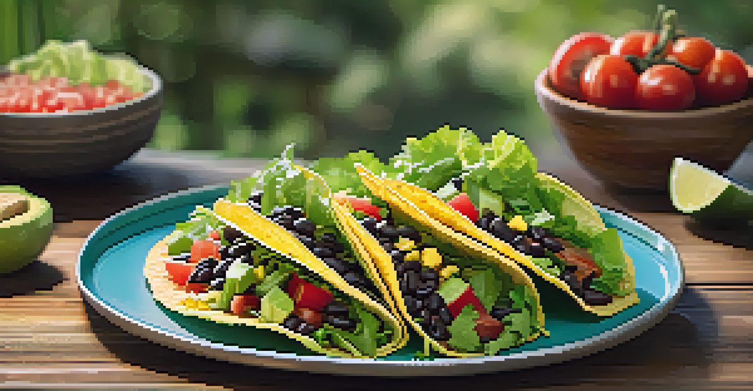 A plate of raw tacos made with lettuce wraps, filled with guacamole, tomatoes, and beans on a wooden table.