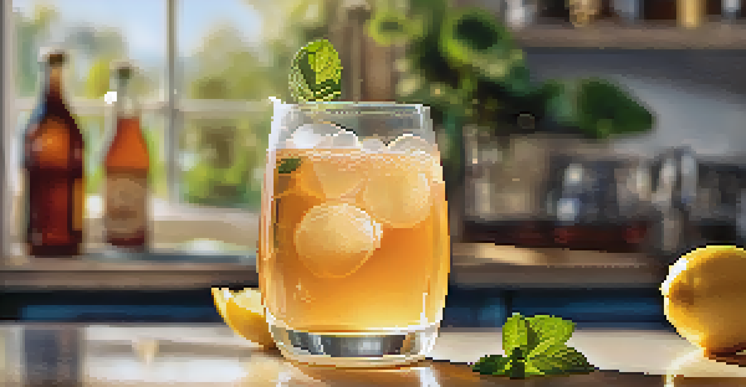 A glass of bubbly kombucha with lemon slices and mint leaves, placed on a kitchen countertop.