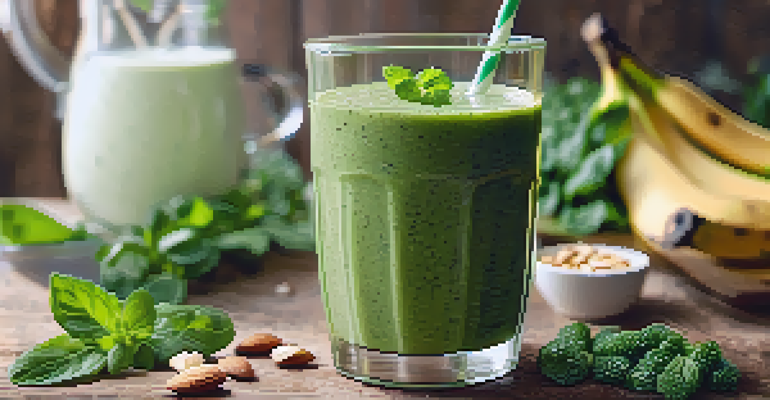 A close-up of a green smoothie in a clear glass, topped with chia seeds and mint leaves, set against a sunny kitchen background.