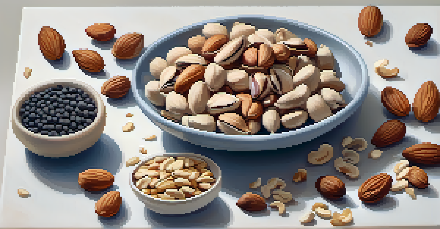 A platter of various raw nuts with chia seeds and honey in the foreground.