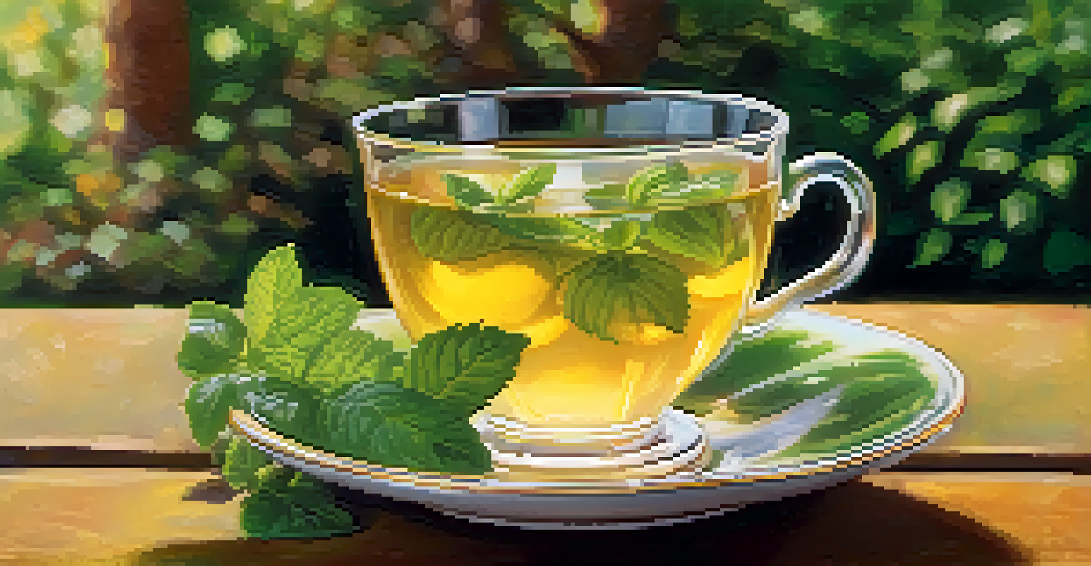 A glass teacup of lemon balm tea with fresh leaves and a lemon slice, set against a blurred garden background.