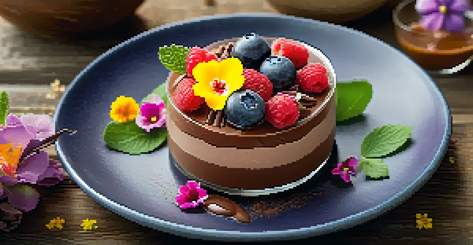 A close-up of a layered raw chocolate mousse dessert topped with fresh berries and edible flowers, set on a rustic wooden table.