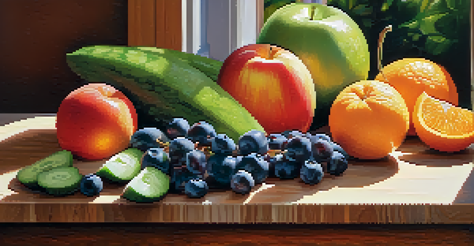 An assortment of fresh raw fruits including oranges, apples, blueberries, and cucumbers arranged on a cutting board.