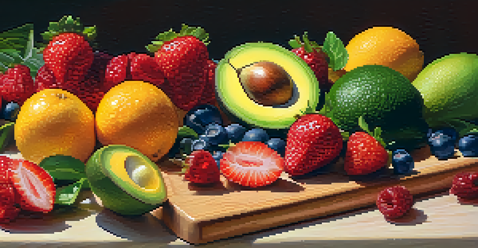 Close-up of a variety of colorful fruits on a wooden cutting board, including strawberries and avocados, with water droplets.