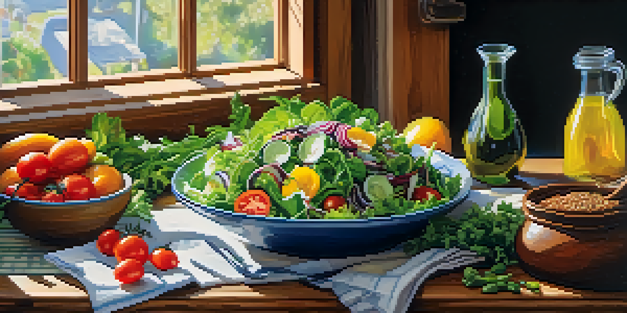 A colorful raw food salad with fresh greens, vegetables, and a drizzle of olive oil in a sunlit kitchen.