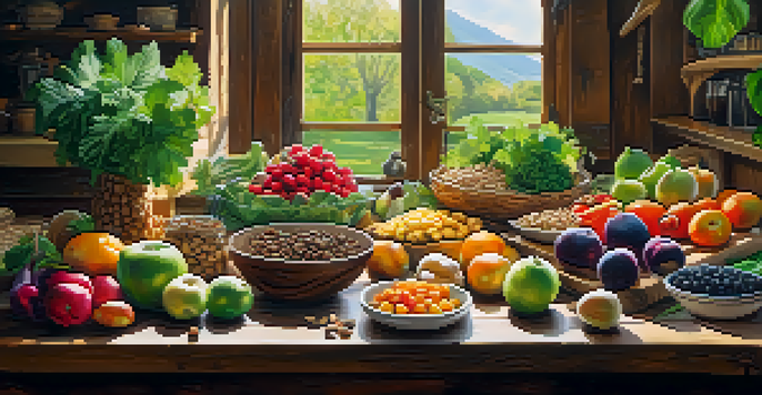 A beautifully arranged raw vegan meal with fruits, vegetables, nuts, and seeds on a wooden table, illuminated by natural sunlight.