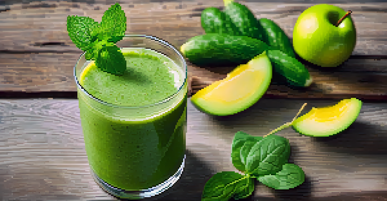 A detox smoothie in a clear glass, made with cucumber and spinach, garnished with lemon and mint, displayed on a wooden table.