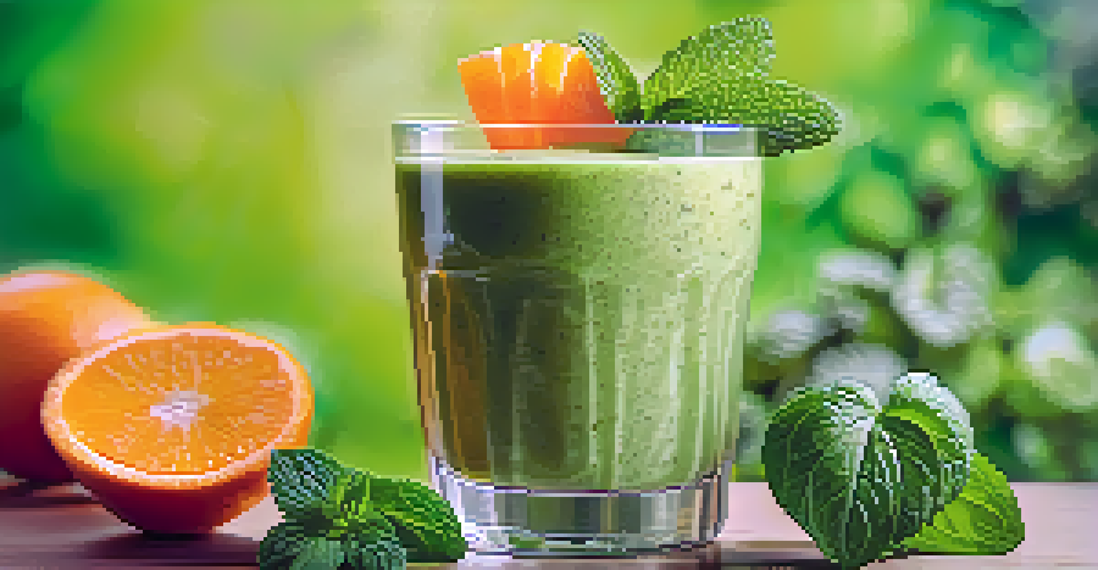 A close-up of a green raw smoothie in a glass, garnished with an orange slice and mint, with blurred fruits and vegetables in the background.