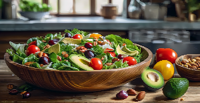 A large wooden bowl filled with a colorful raw food salad featuring leafy greens, cherry tomatoes, sliced avocados, and nuts, set in a rustic kitchen with natural light.