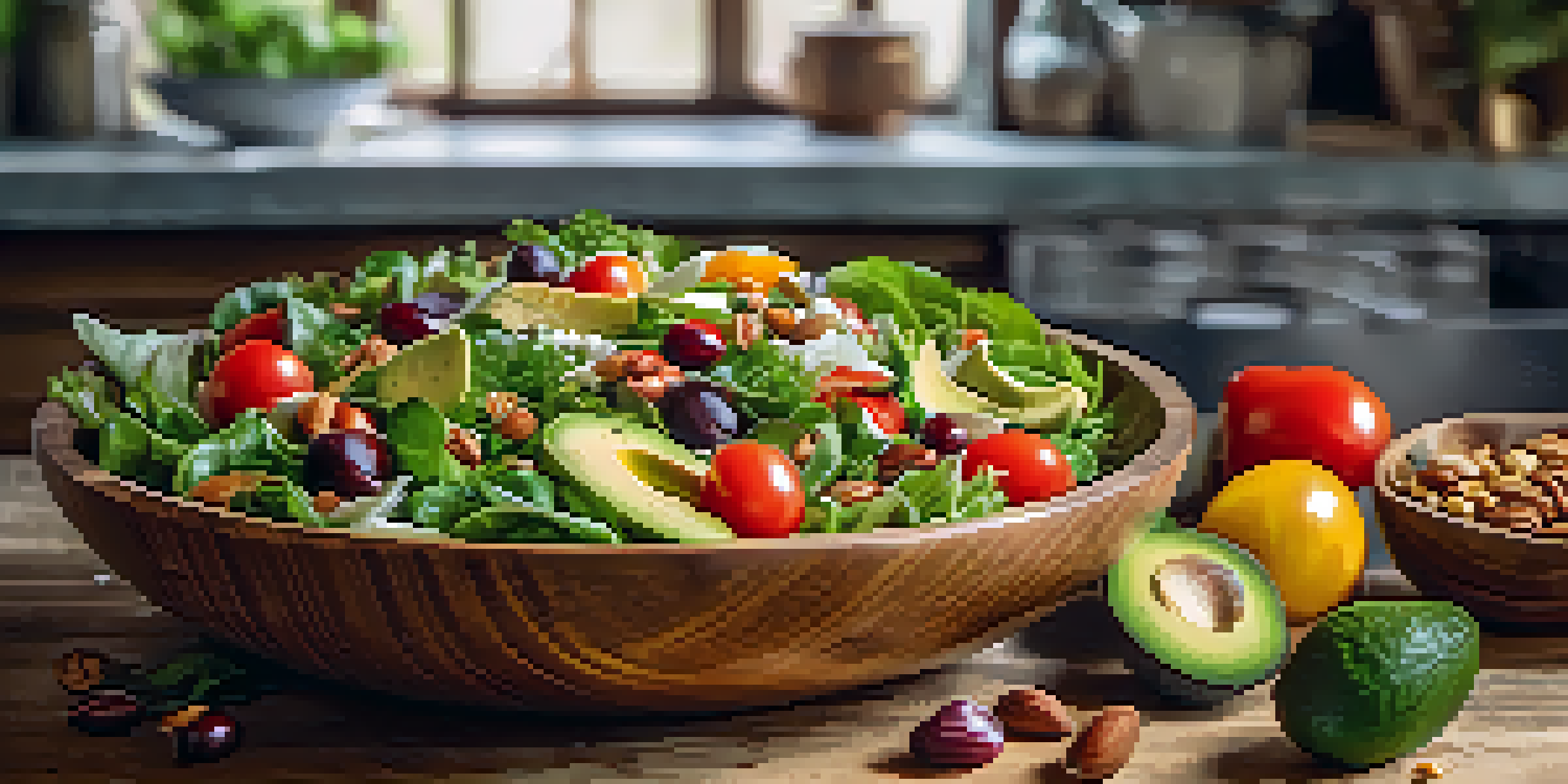 A large wooden bowl filled with a colorful raw food salad featuring leafy greens, cherry tomatoes, sliced avocados, and nuts, set in a rustic kitchen with natural light.
