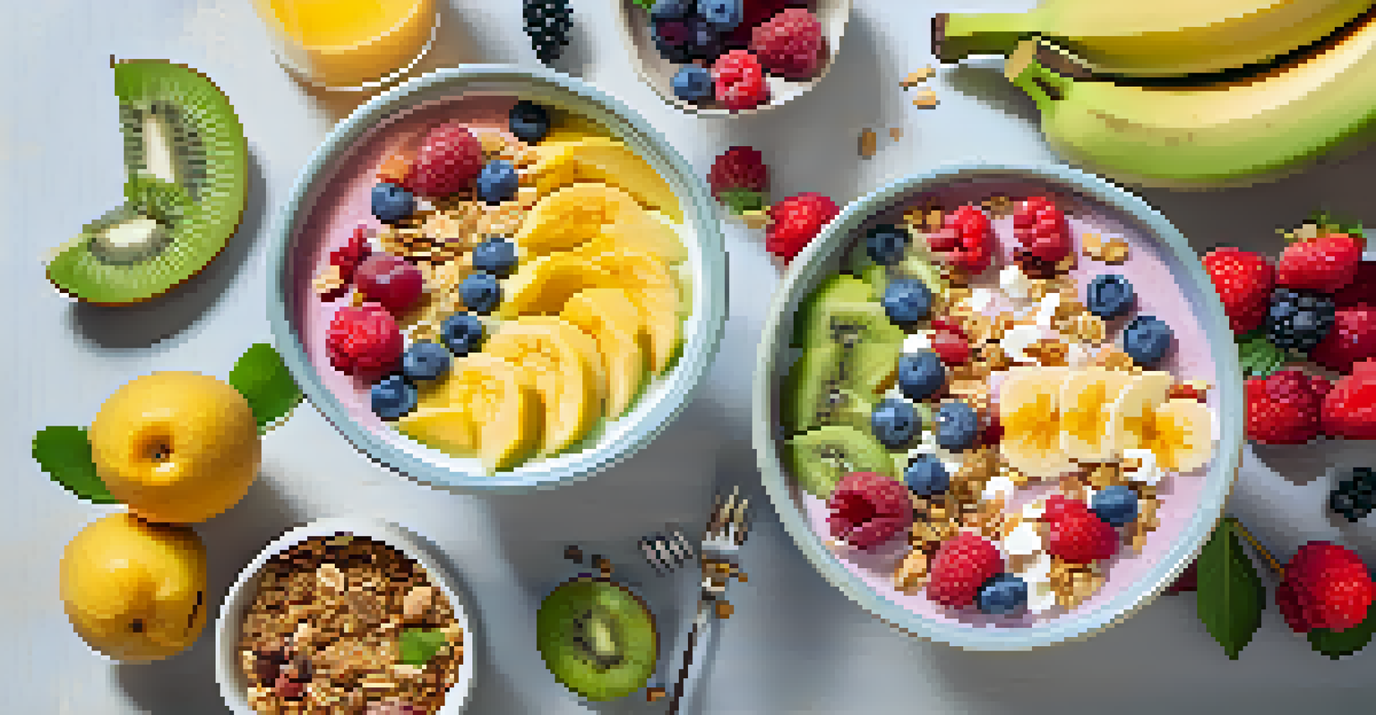 An overhead view of a smoothie bowl adorned with fruits and granola, with sunlight enhancing the colors.