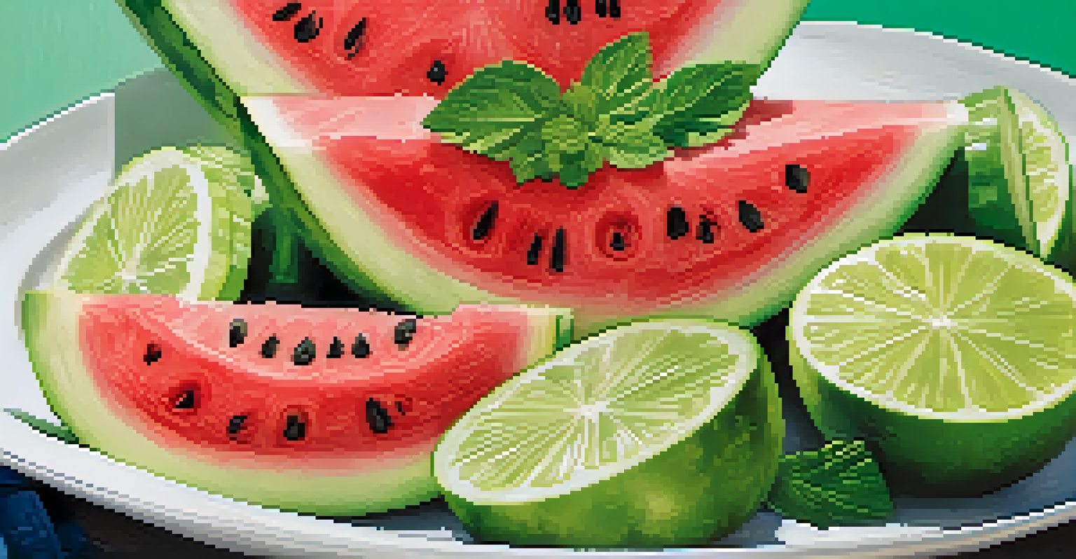 A platter of watermelon cubes and cucumber slices, garnished with mint and a lime wedge.