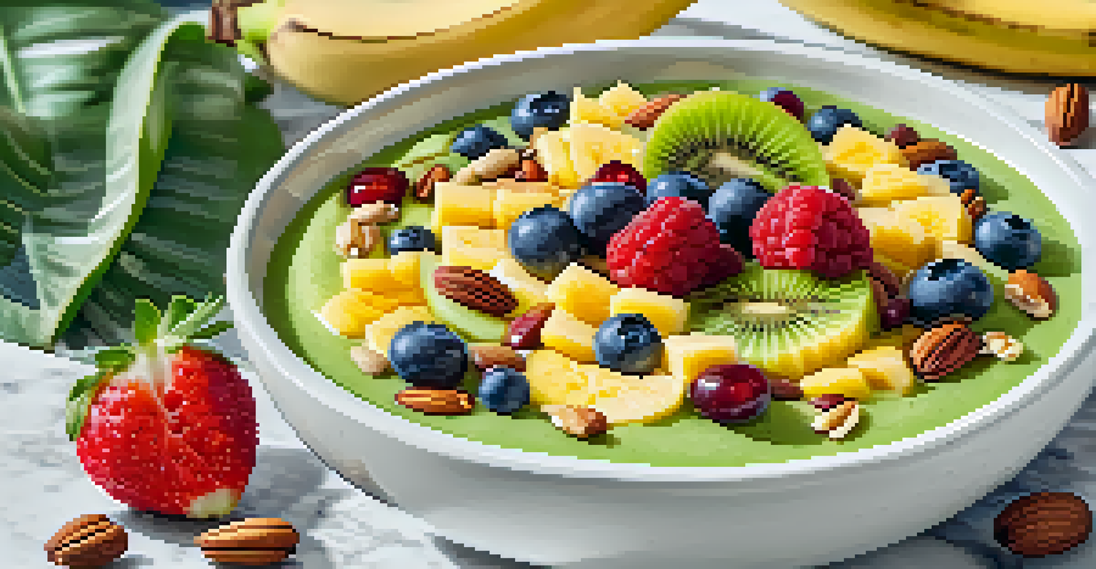 A smoothie bowl topped with sliced fruits, nuts, and seeds on a white marble table with a green plant in the background.