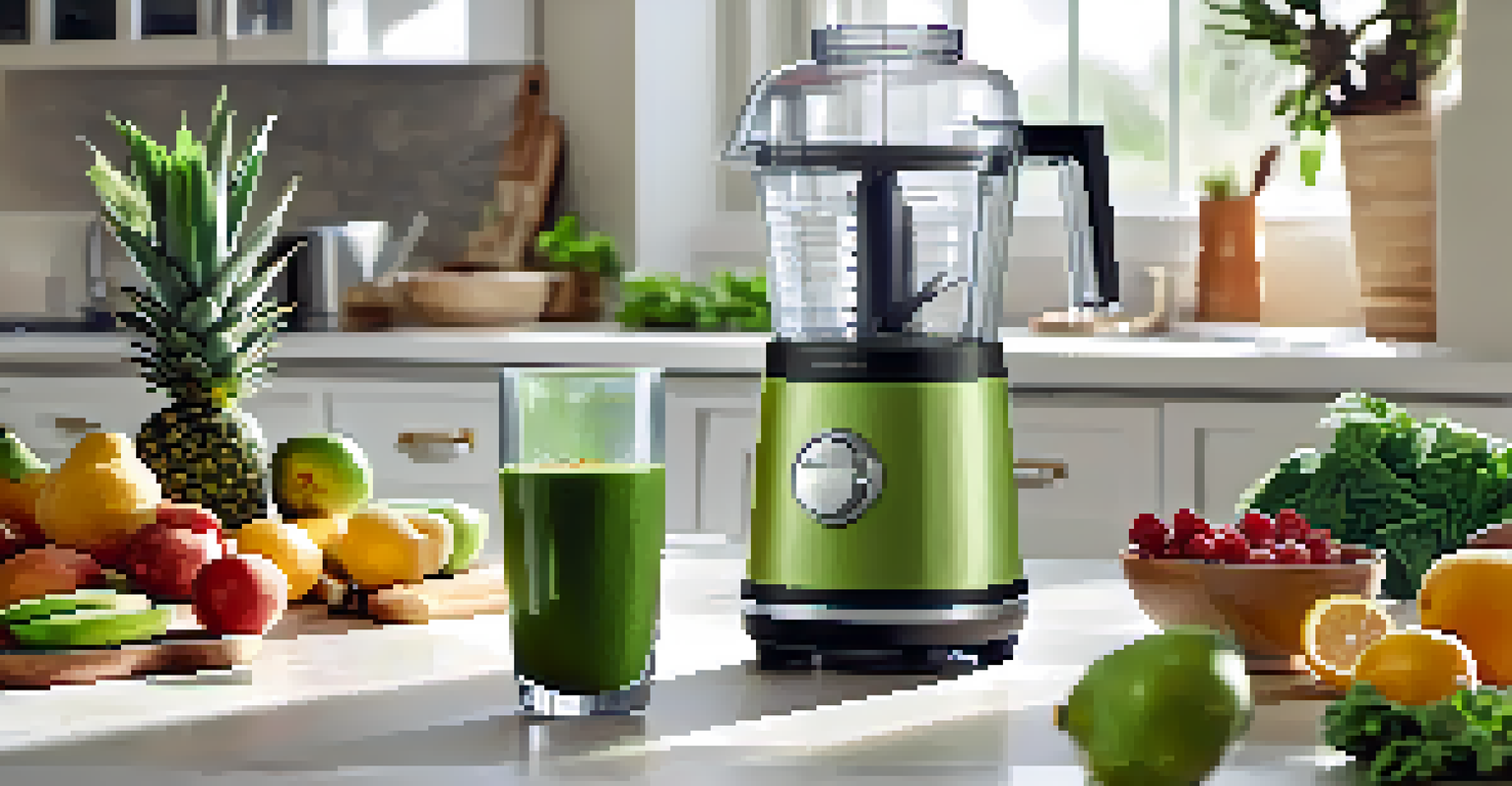 A person blending a green smoothie in a bright kitchen, surrounded by fresh fruits and vegetables, with sunlight streaming through the window.