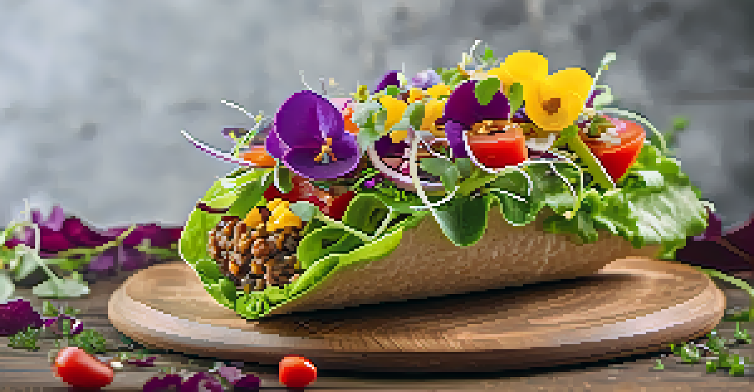 A close-up of a raw walnut taco filled with salsa and guacamole on a lettuce leaf, garnished with microgreens and edible flowers, displayed in bright light.